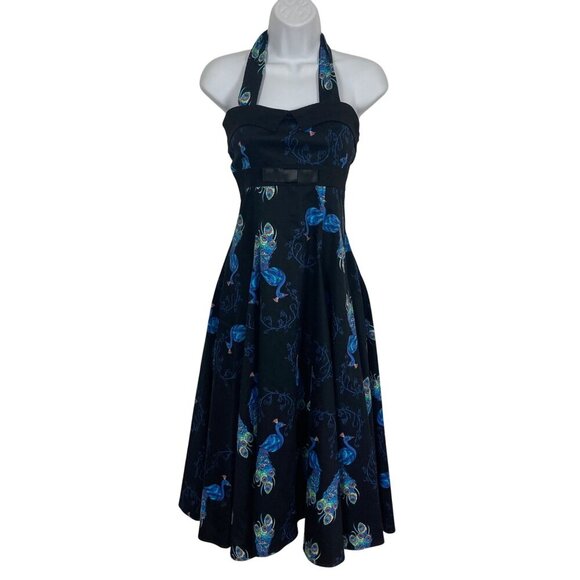 Collectif 50s Style Peacock Print Halter Dress Womens 8 Pin Up Rockabilly Prom - Picture 1 of 9